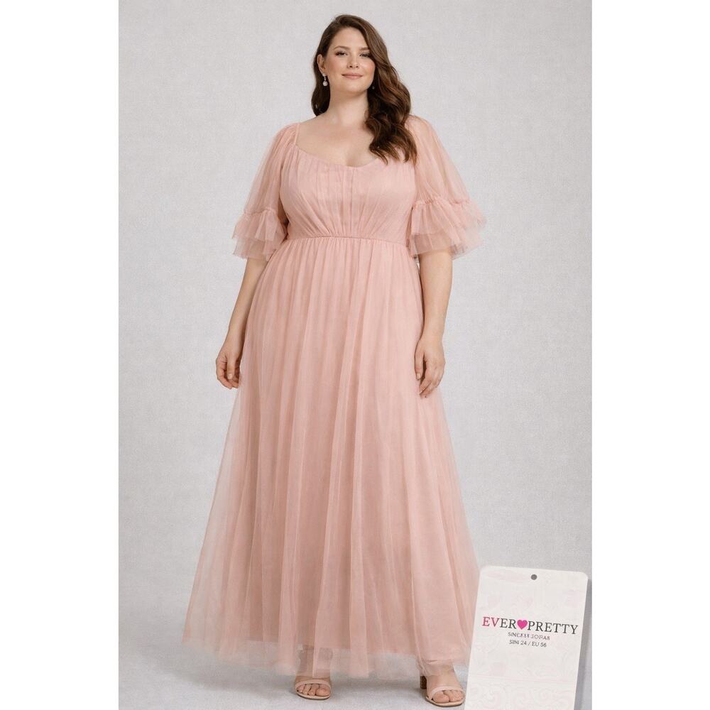 Ever Pretty Blush Pink Tulle Maxi Dress 8XL US 24 Plus Empire Waist Flutter Slee